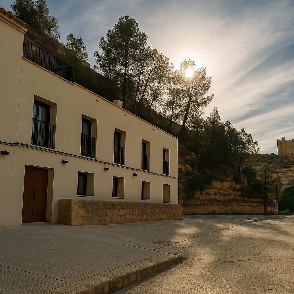 Fachada de las casas Kalea con pueblo al fondo