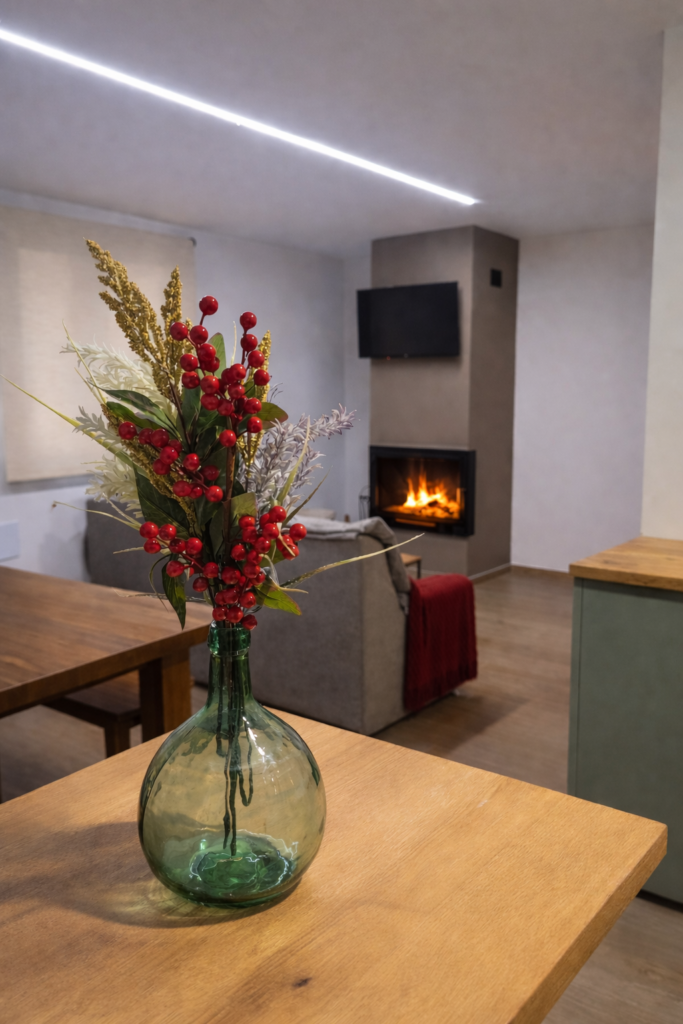 Detalle del salón con chimenea e casa rural Kalea Elysivm