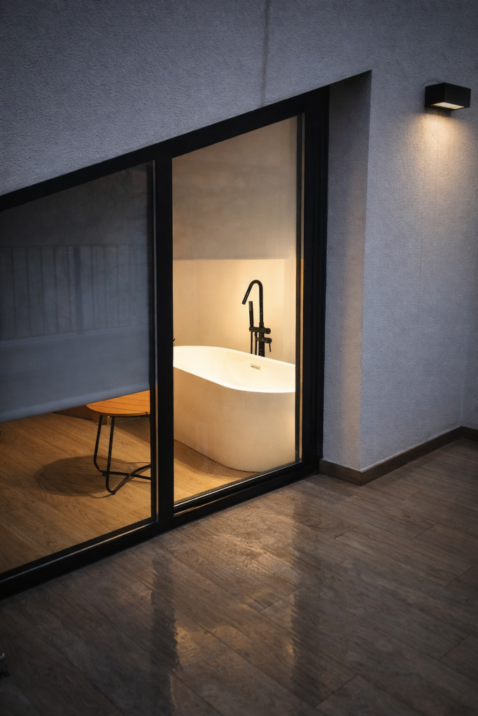 Salida a terraza desde el dormitorio con bañera de Kalea Suite