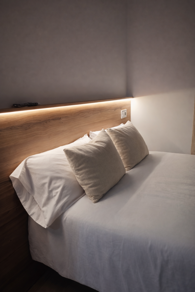 Cama de matrimonio con cabecero de madera en casa rural Kalea Elysivm